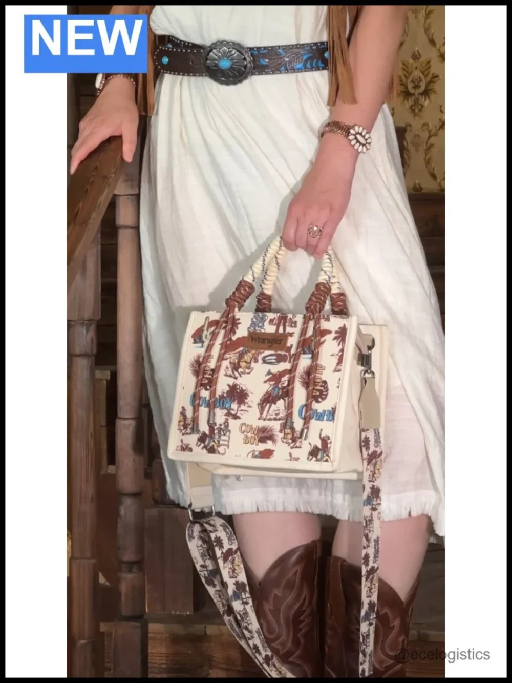 Wrangler Western Canvas Tote with Rope Handles and Adjustable Crossbody Strap